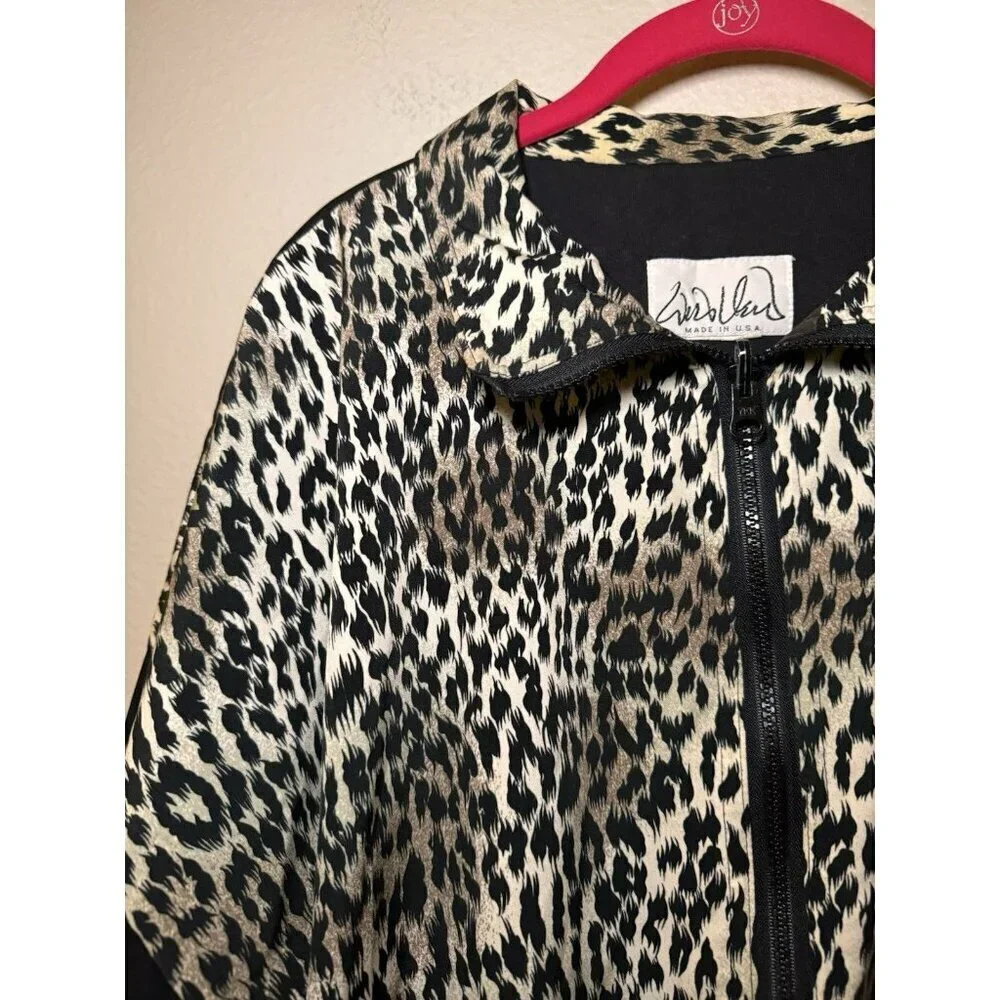 Vintage Animal Print Jacket Bomber Zip Up Pockets Size XL Black Tan - Picture 3 of 7